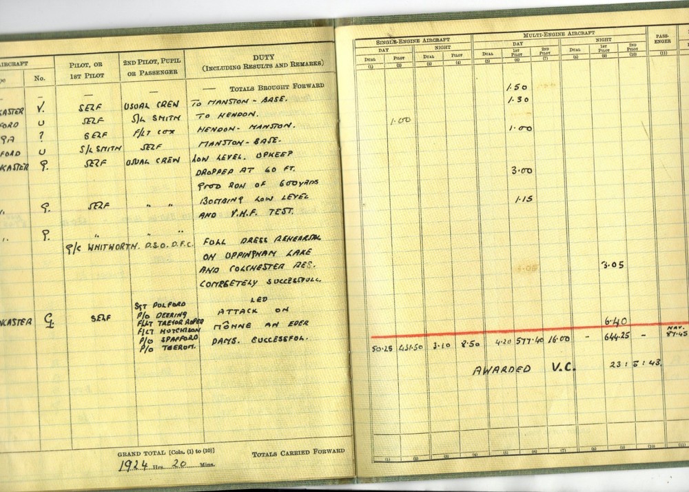 DAMBUSTERS RAIDS WING COMMANDER GUY GIBSON'S 6 PAGE PILOTS FLYING LOG BOOK.