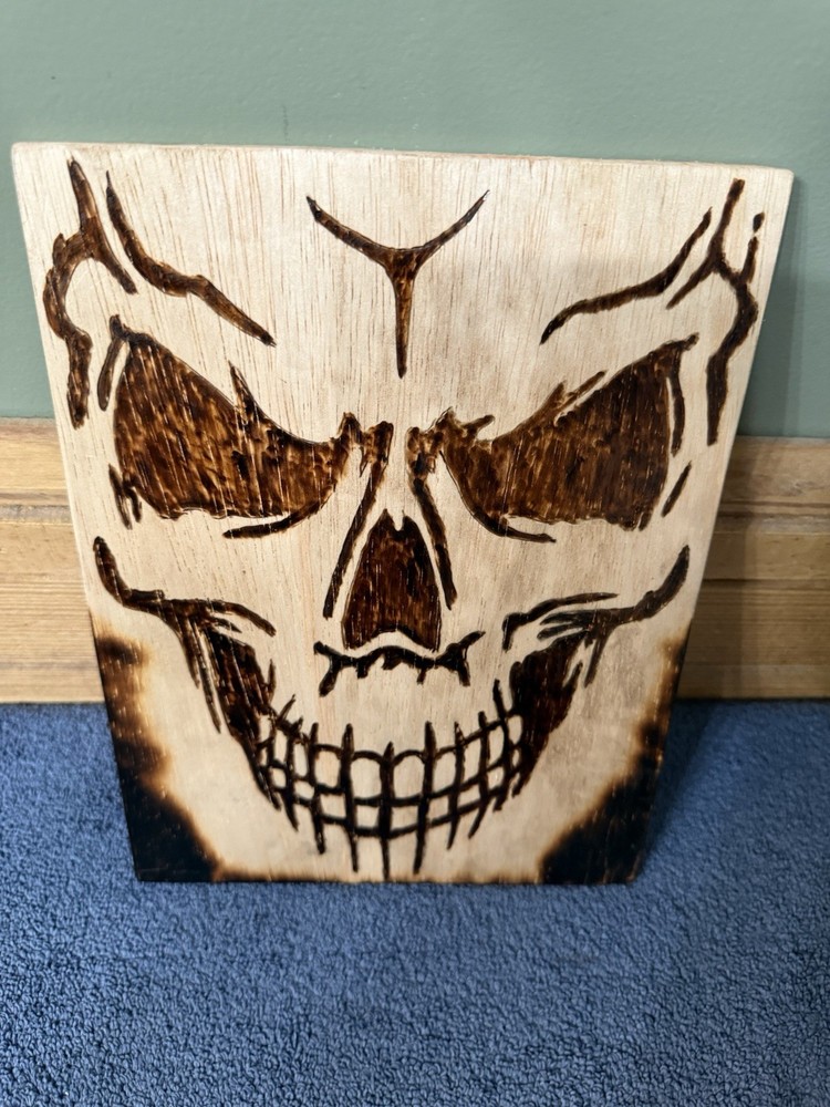 Handmade Pyrography Full Face Skull 8x10” Wall Hanging