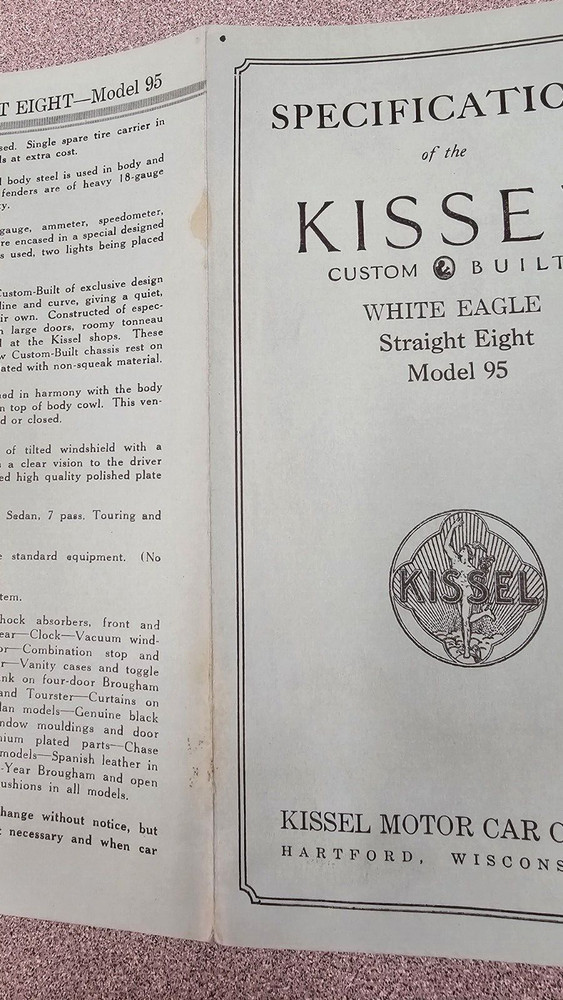1929 Kissel Specification Folder, Straight Eight Model 95