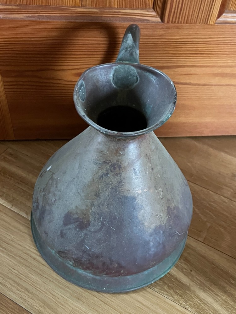 Antique Large Solid Copper Metal Primitive Pitcher w Numbers indicating size –