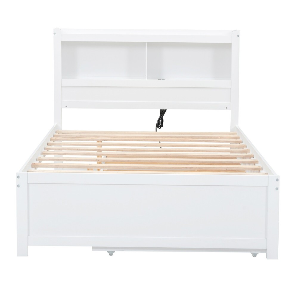 Full Size Bed Frame Wood Platform Bed with Pull Out Trundle & Drawers White/Gray