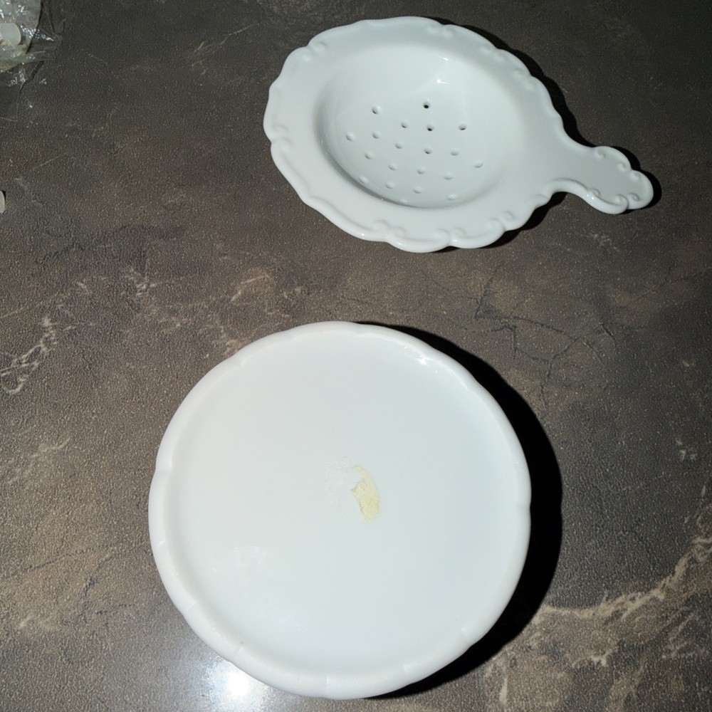 VINTAGE- White Ceramic Tea Strainer With Receptacle