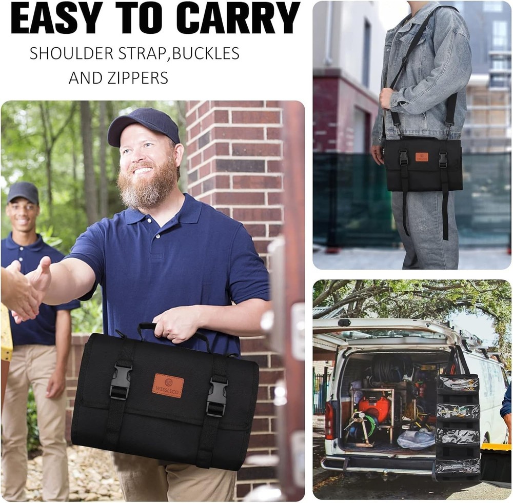 Tool Roll - Canvas Wrench Tool Organizer with 4 Pockets Black