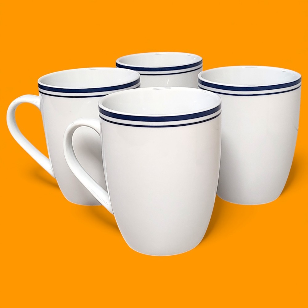 4pc Set Amazon Basics Cafe Stripe Blue / White Coffee Cups/ Mugs 4"