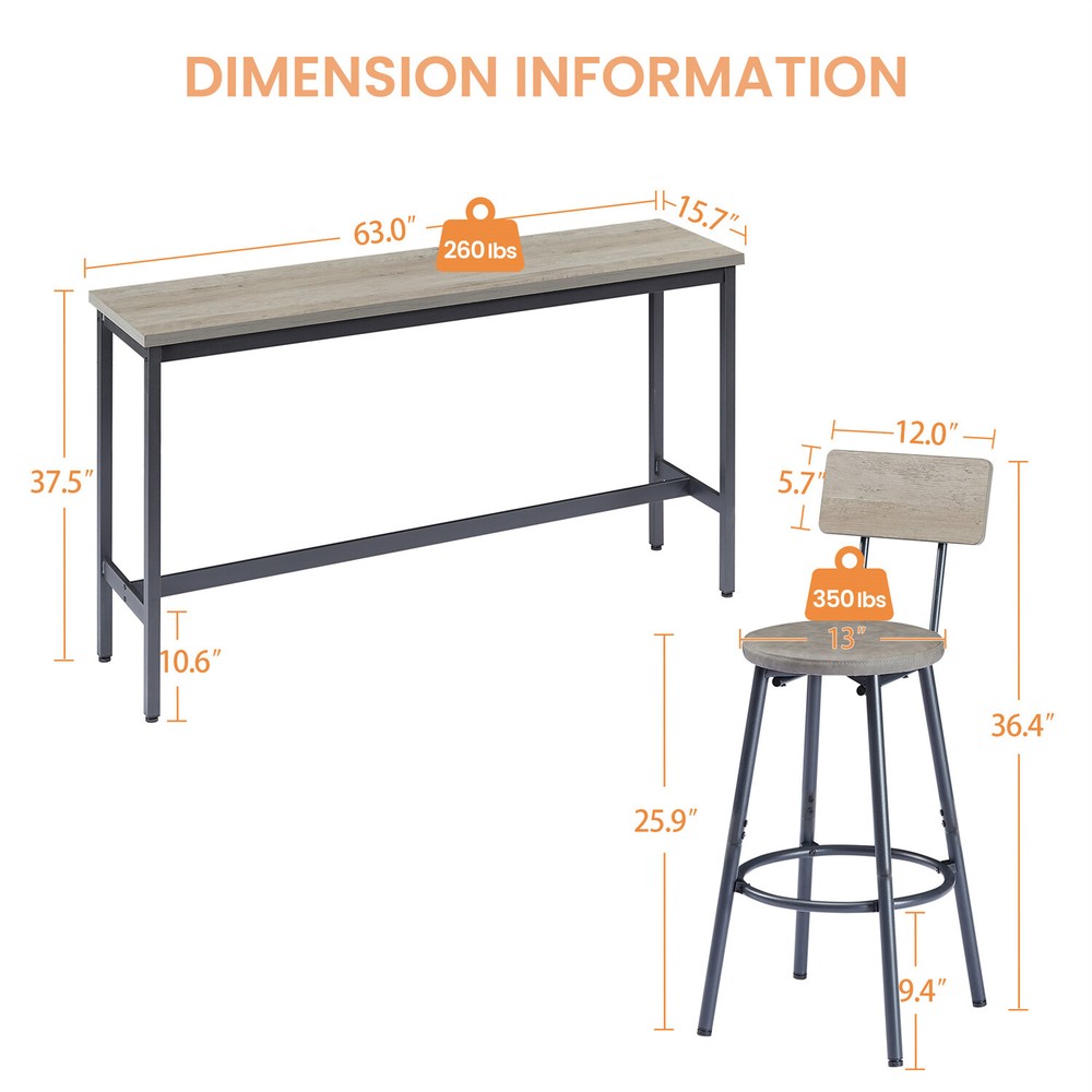 4 Piece Bar Table Set Counter Height Kitchen Pub Table with 3 Bar Stools Gray US