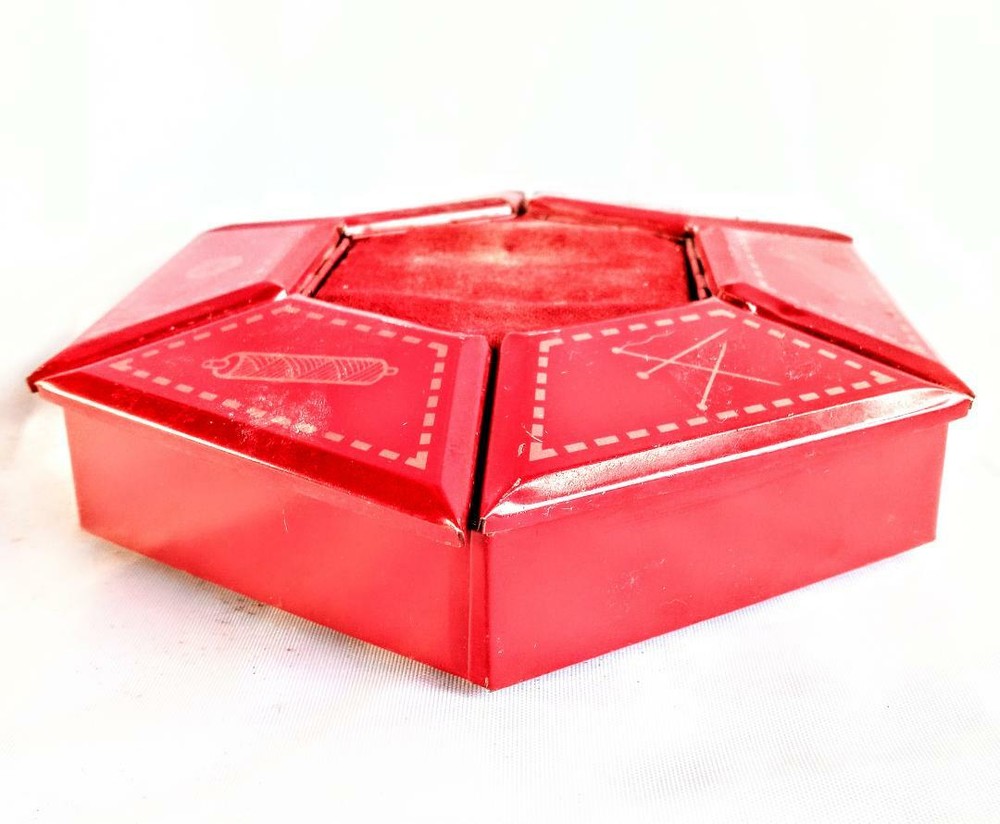 Vintage Tin Hexagon Six Compartment Sewing Accessories Container ~ Rotates