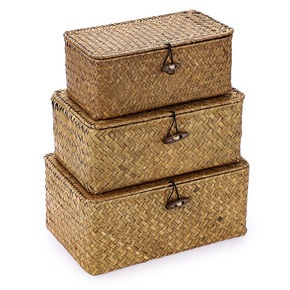 3 Set Caramel Rectangular Wicker Baskets, Lid, Seagrass, Decorative Bins
