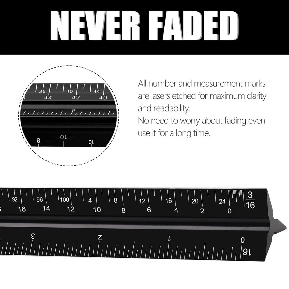Architectural Scale Ruler 12" Aluminum Architect Triangular Black Students New