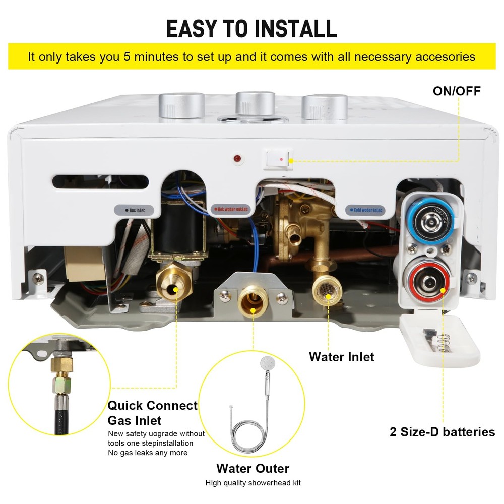 Tankless Water Heater Propane 5.26GPM 20L Outdoor Portable Gas Hot Water Heat...