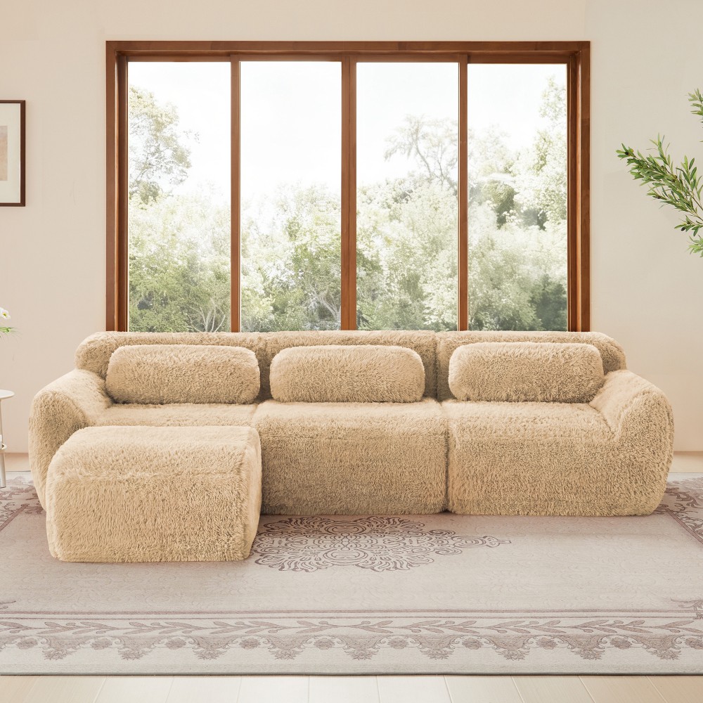 L-Shaped Plush Modular Sofa w/Ottoman, Light Khaki, No Assembly