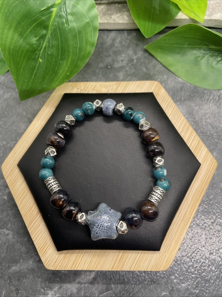 Handmade Ceramic Bead Beaded Stackable 6.25” Plus Stretch Bracelet New B291