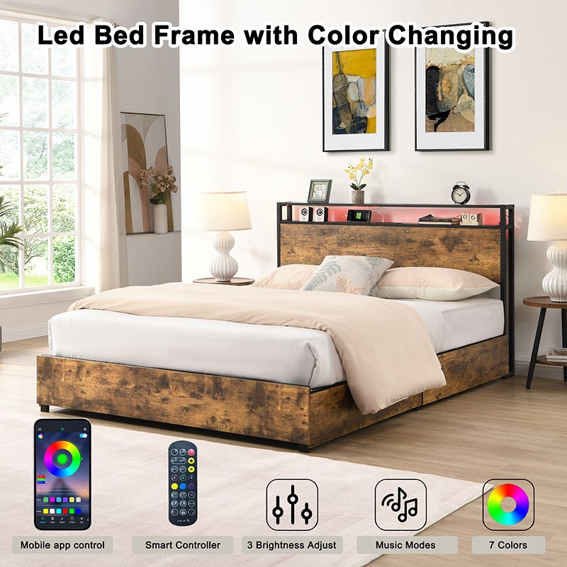 Full Size Bed Frame w/ Storage Headboard &Charging Station &LED Light