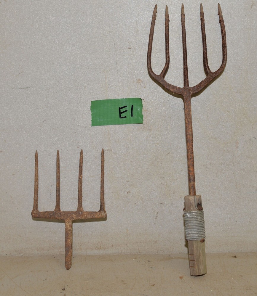 2 antique blacksmith forged tools eel frog fish gig spear & fork collectible E1