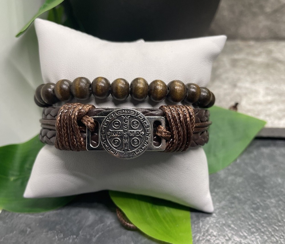 2 PC Leather Bracelet Wood Bead Stackable Adjustable Tie Free Ship B3252