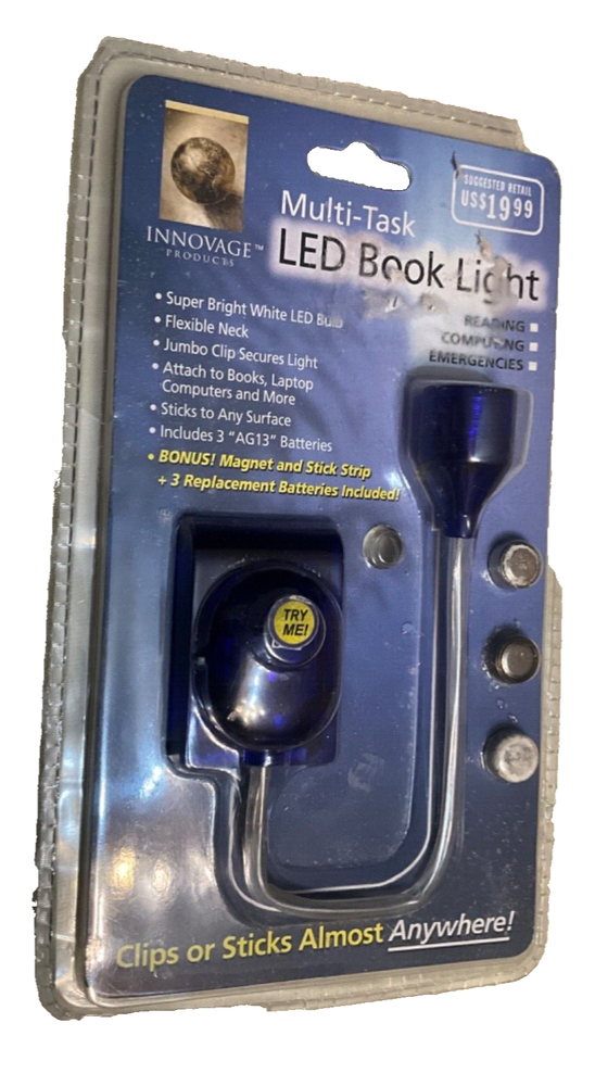 Multi-Task LED Book Light With Extra AG13 Batteries Flex Neck Clip Or Stick