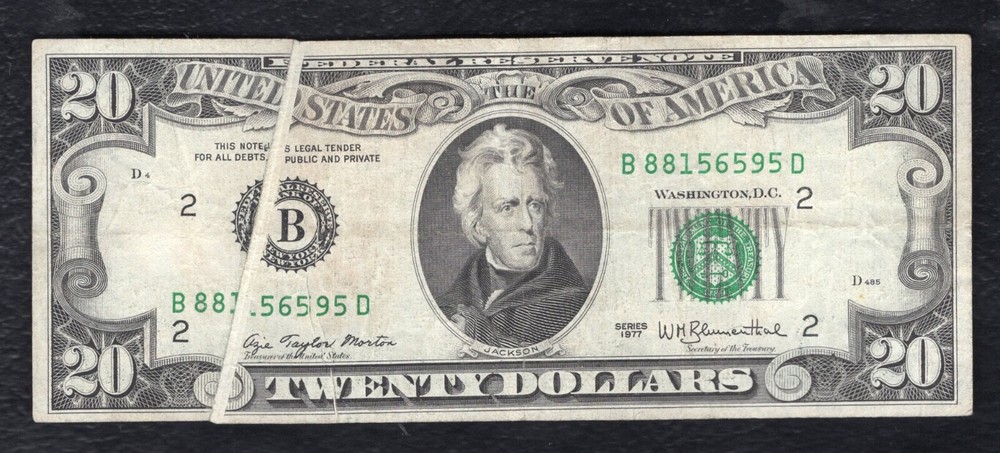 1977 $20 FRN FEDERAL RESERVE NOTE “GUTTER FOLD ERROR” VERY FINE