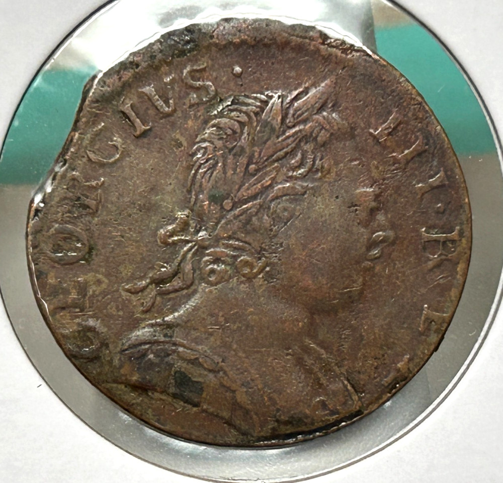 1775 Britain Half Penny - Clipped Planchet - B Over R Obverse