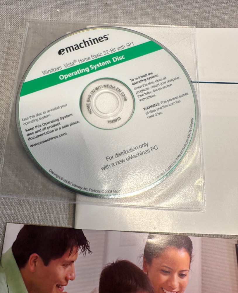 2007 2008 eMachines Operating System Disc Windows Vista Home Basic 32-Bit + Docs