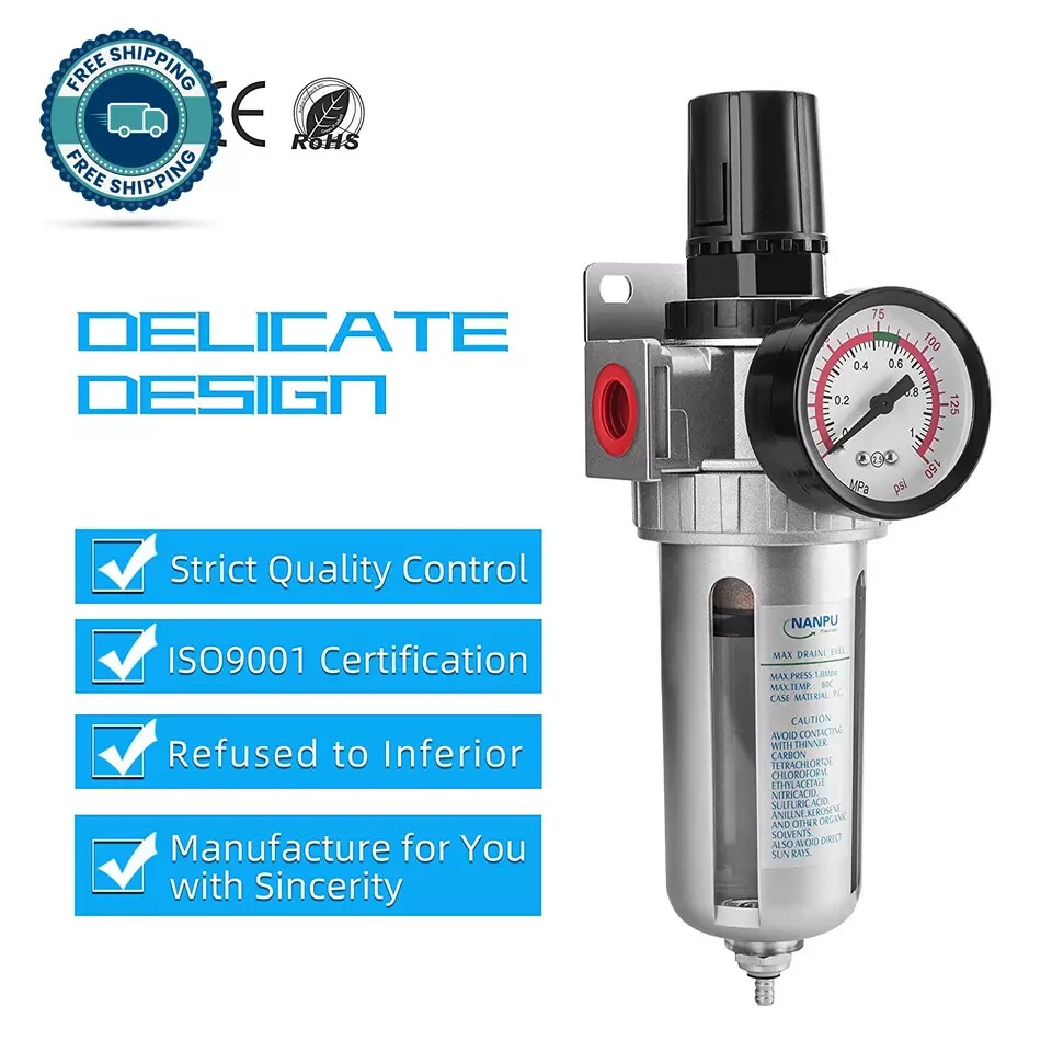 1/2" NPT Compressed Air Filter Regulator Combo, Air Filter Pressure Regulator Ga