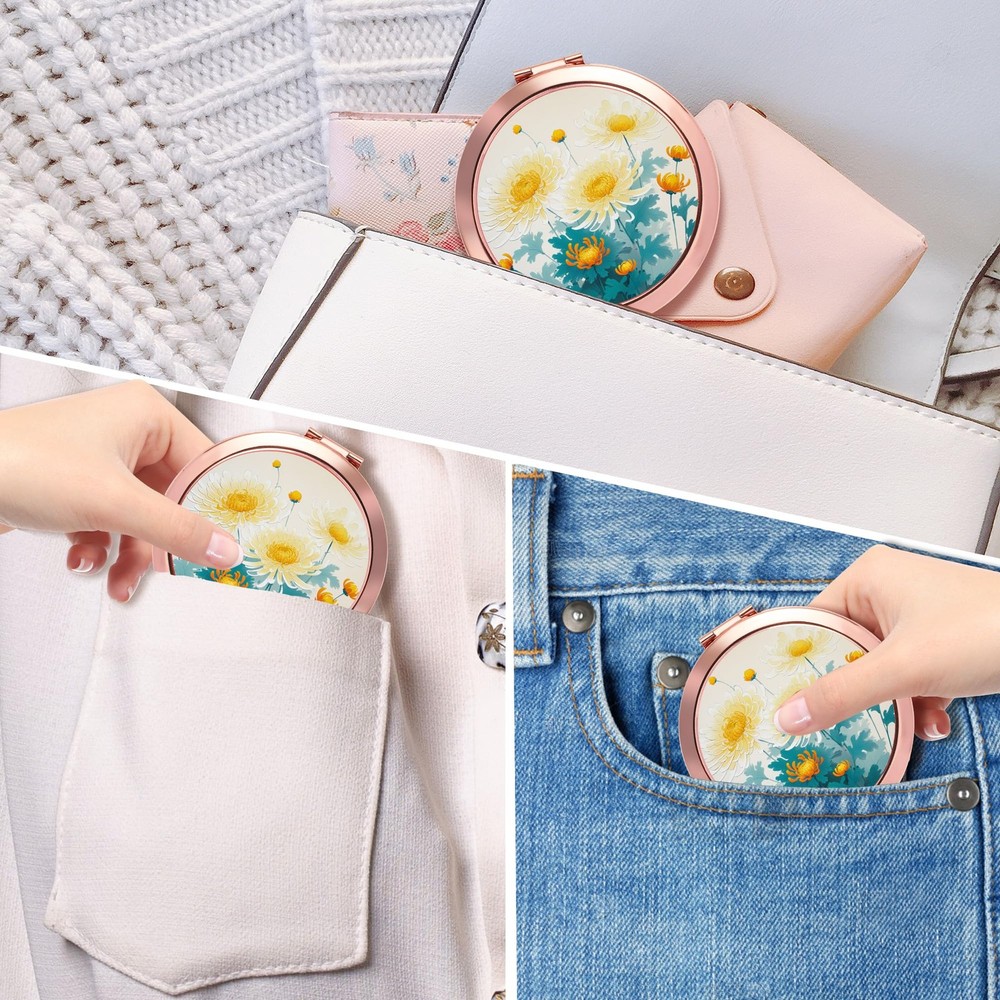 Dynippy Compact Mirror Rose Gold 2.8"L x 2.8"W, Lovely Chrysanthemum Pattern