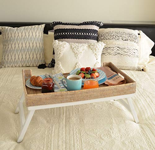 Rattan Breakfast Tray with Foldable Legs, Rectangular Serving Honey-brown
