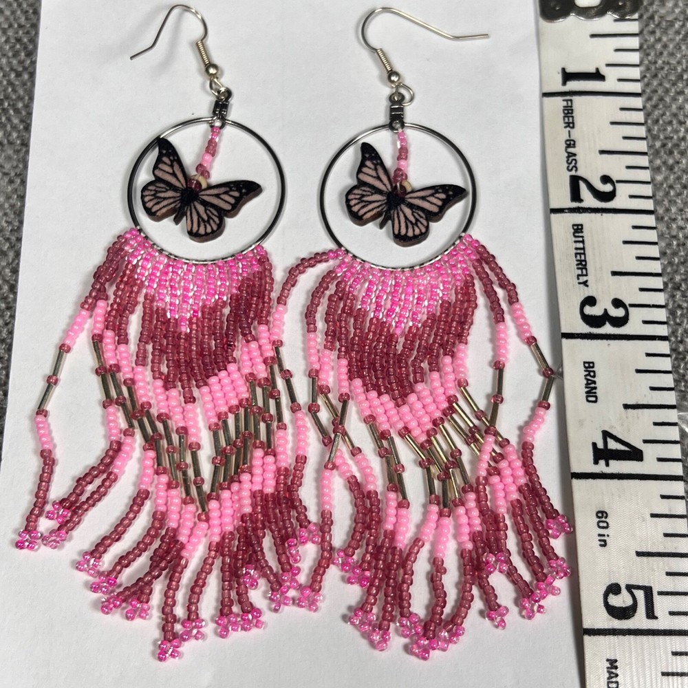 Native American Dangle Earrings Beaded Pinks Silver HandmadeYurok 5'"