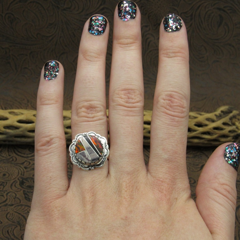 Sterling Silver Multi Stone Inlay Ring Size 6.75