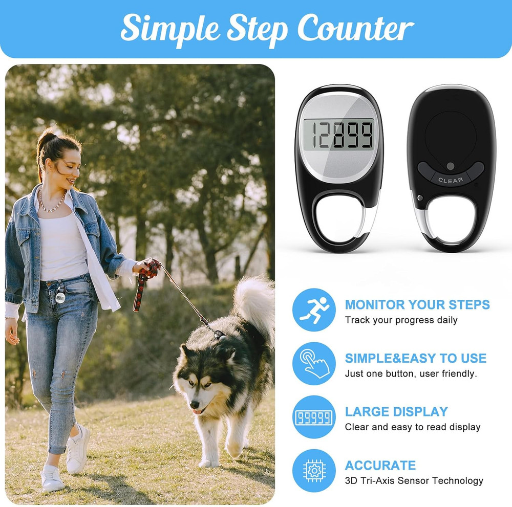 Simple Pedometer for Walking, Accurate Step Tracker with Carabiner, 3D Step Coun