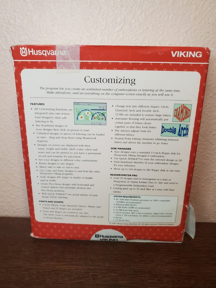 Husqvarna Viking Customizing Embroidery System 5 Windows 95 98 NT Version 5.0