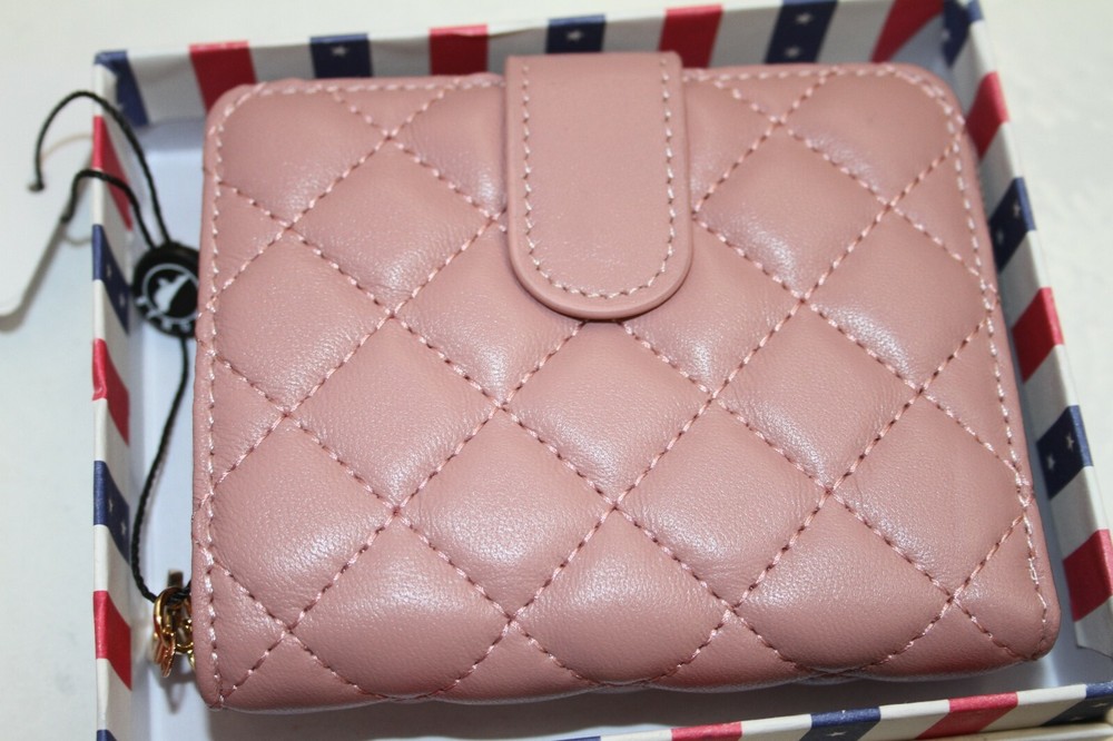 BISON DENIM Leather Wallet Womens Zip Around Light Pink Quilted Pattern