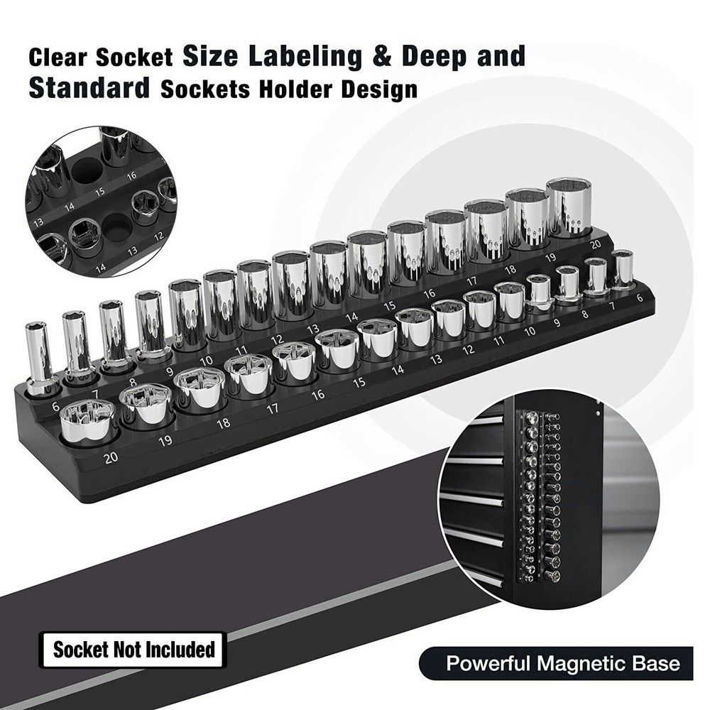 Magnetic Socket Organizer Set 3PCS Socket Trays Black for Metric 1/4"3/8" & 1/2"