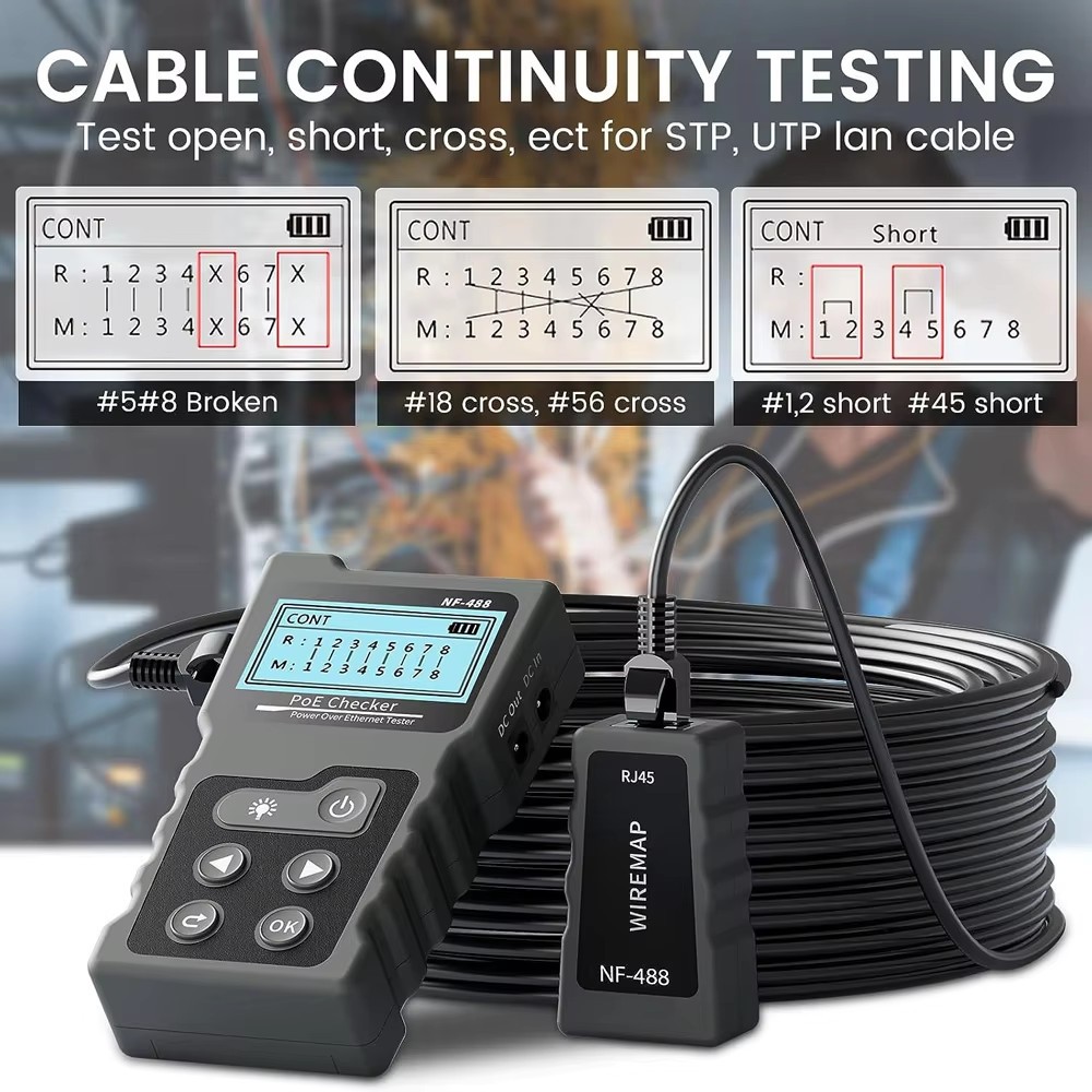 NF-488 Network Cable Tester Poe Checker Continuity Tester Loop-Back Test