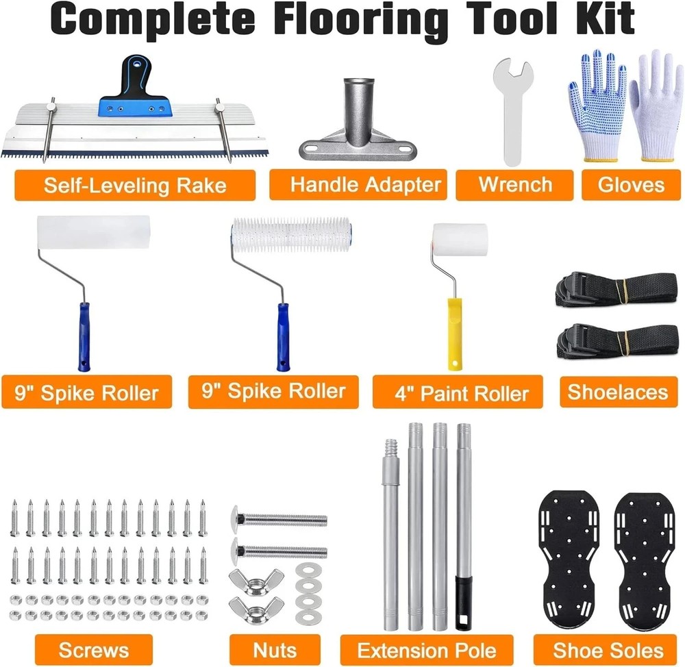 Self-Leveling Cement & Epoxy Floor Tool Kit – Rake, 9” Spike Rollers, 4” Paint R