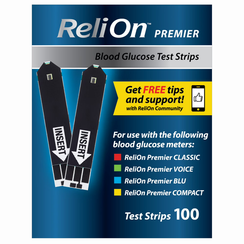 ReliOn Premier Blood Glucose Test Strips 100 Ct No Coding for Meters