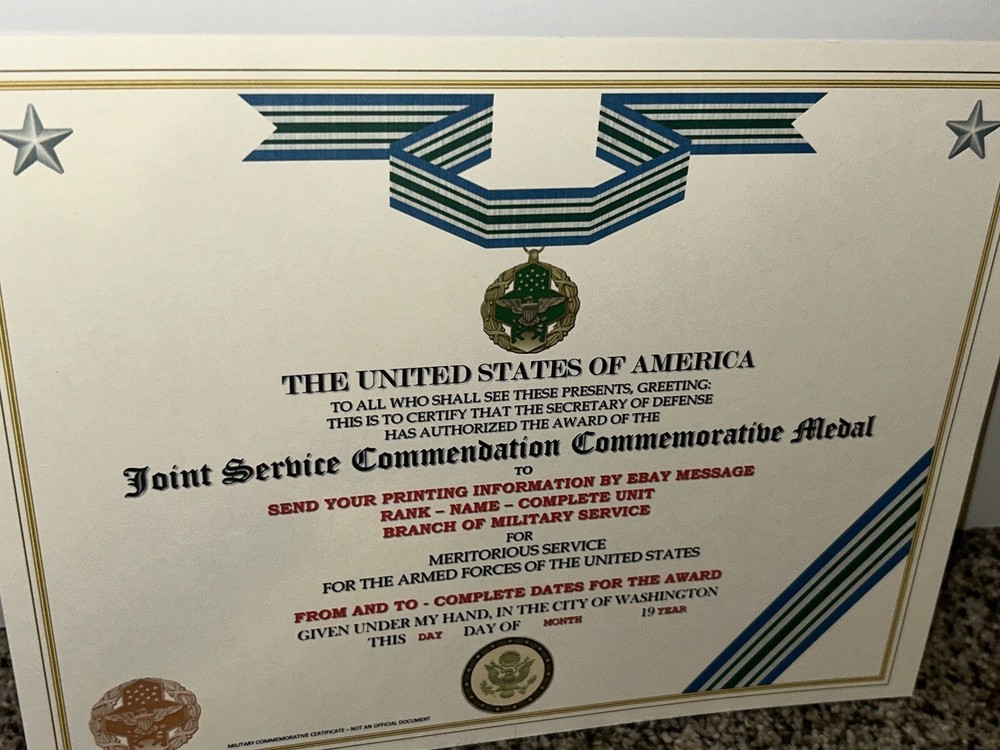 JOINT SERVICE COMMENDATION MEDAL COMMEMORATIVE CERTIFICATE ~TYPE-2 w/PRINTING