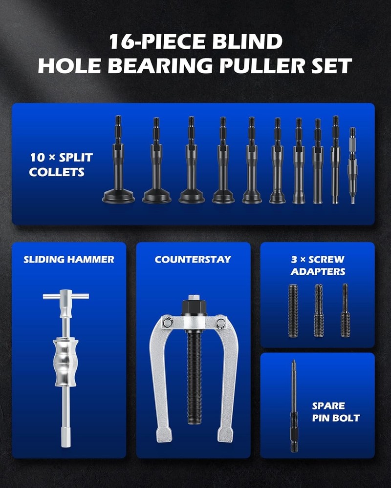 Blind Hole Collet Bearing Race and Seal Puller Extractor Kit