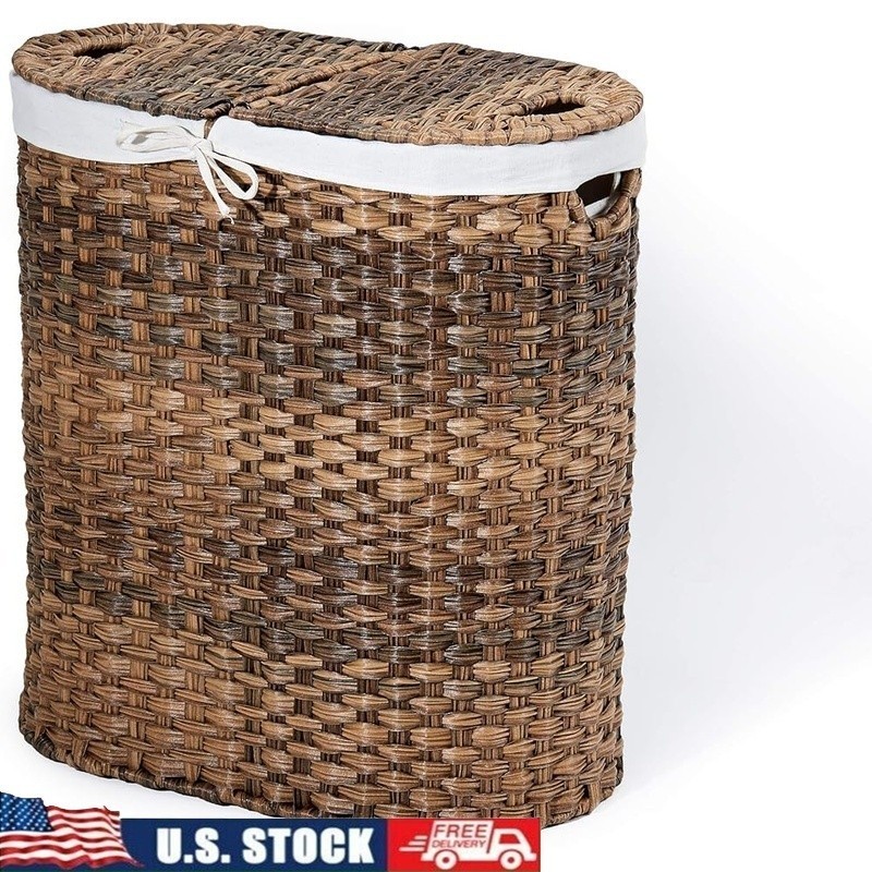 Durable Polyethylene Wicker Laundry Hamper W/ Two Compartment Removable Liners