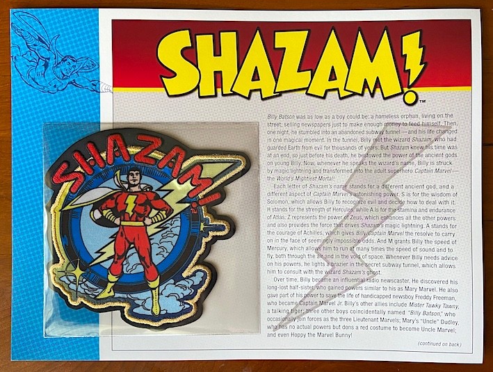 SHAZAM Embroidered PATCH on INFO CARD Willabee & Ward DC COMICS PATCH COLLECTION