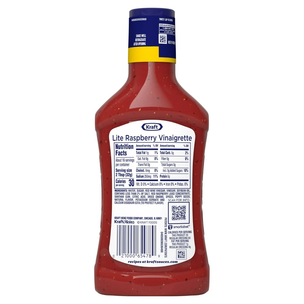 4 Pack Kraft Lite Raspberry Vinaigrette Salad Dressing, 16 fl oz Bottles