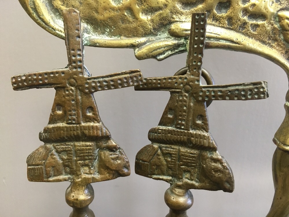 WINDMILL FIRE PLACE TOOLS ANTIQUE BRASS DUTCH 1850, CAST DESIGN