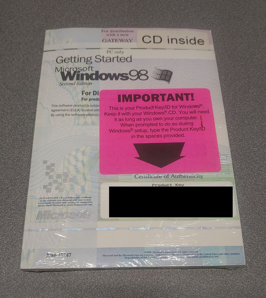 Windows 98 Getting Started Gateway OEM Operating System Disc CD Product Key COA