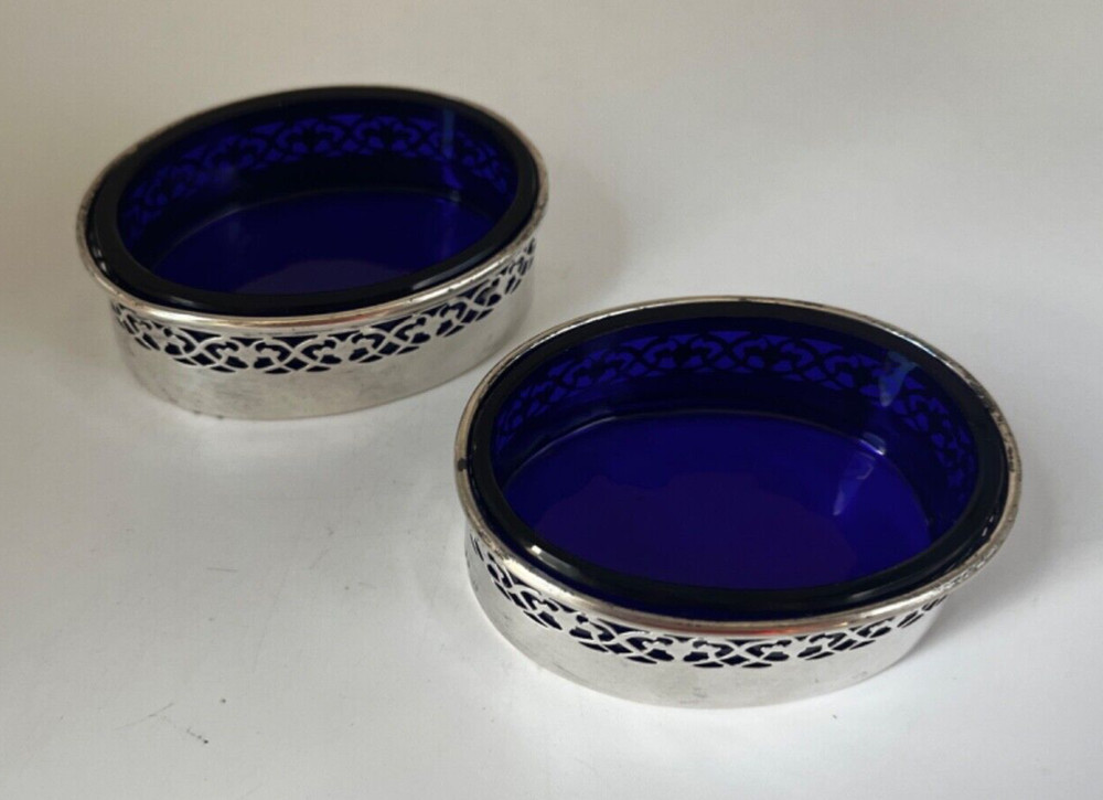 Vintage - Pair Whiting Salt Cellars - Pierced with Cobalt Liner  3 1/8” x 1”