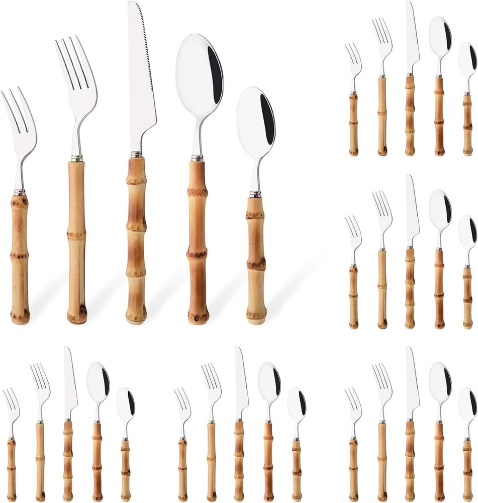 30PCS Silverware Set for 6, Bamboo Handle Flatware Set, Stainless Steel Cutle...
