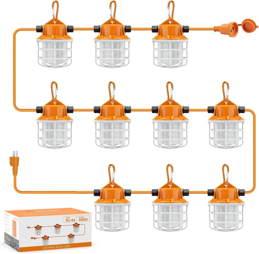 100FT LED Construction String Lights, 15000LM, IP65, 10 Bulbs, Linkable