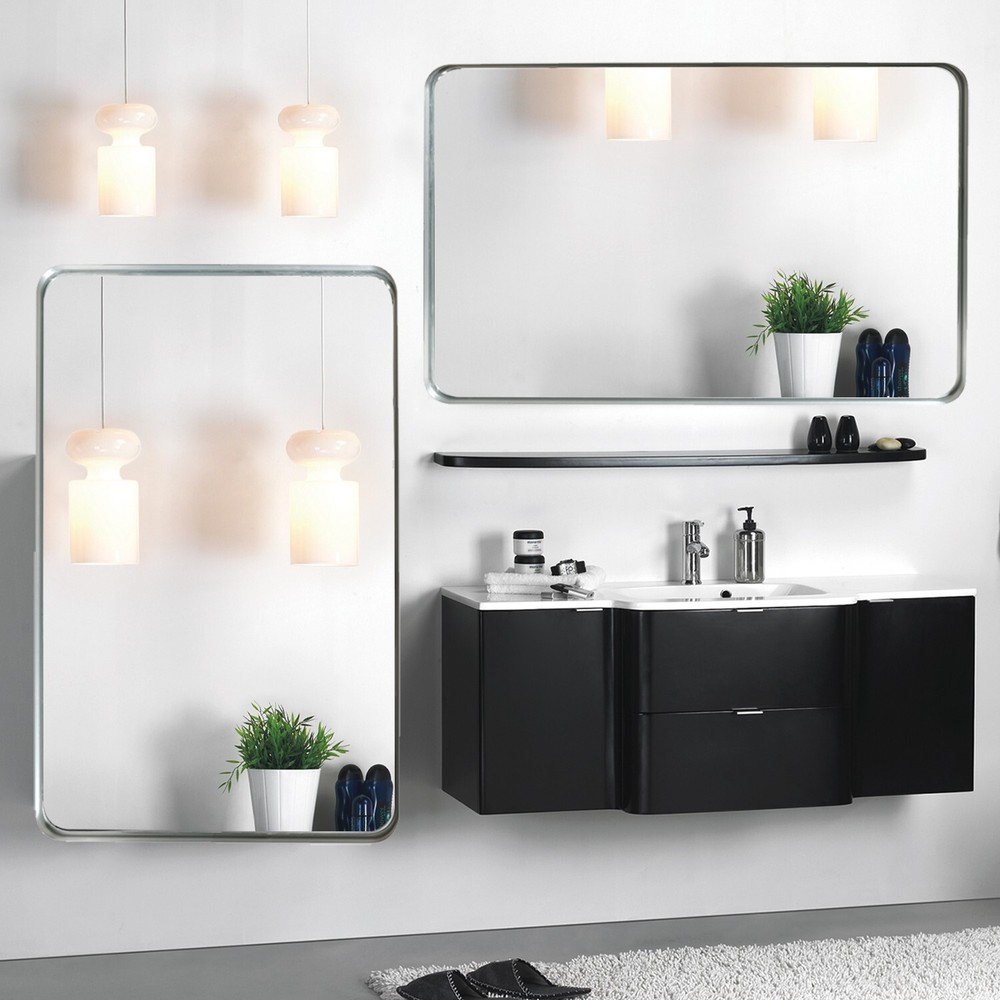 30x20 Inch Glossy Brushed Silver Rectangle Bathroom Mirror with Rounded Corners