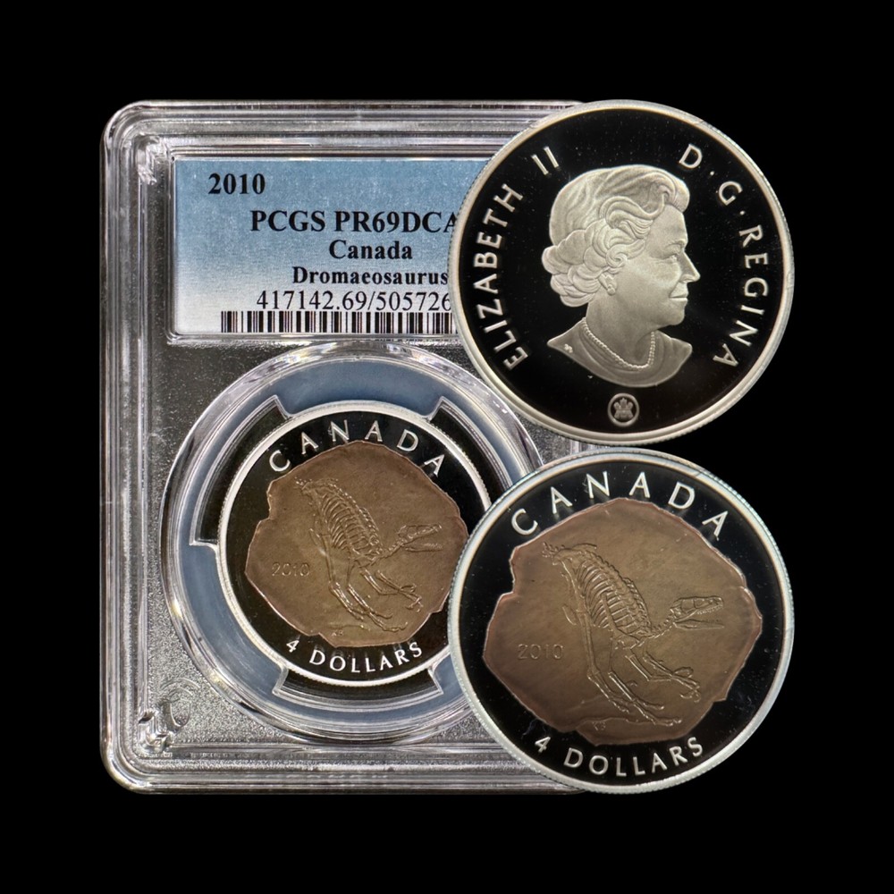 CANADA. 2010, 4 Dollars, Silver - PCGS PR69 - Top Pop 🥇 Dromaeosaurus Fossil