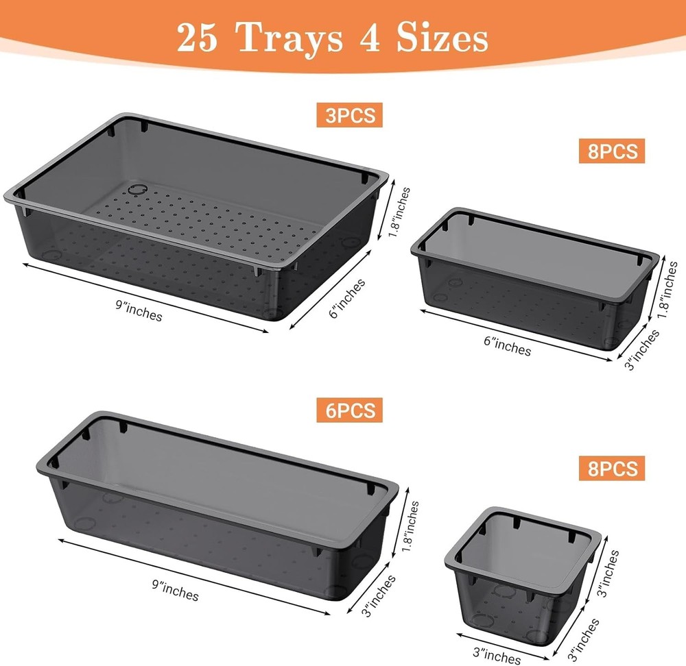 25 PCS Plastic Drawer Organizer Set, 4-Size Versatile Clear Black