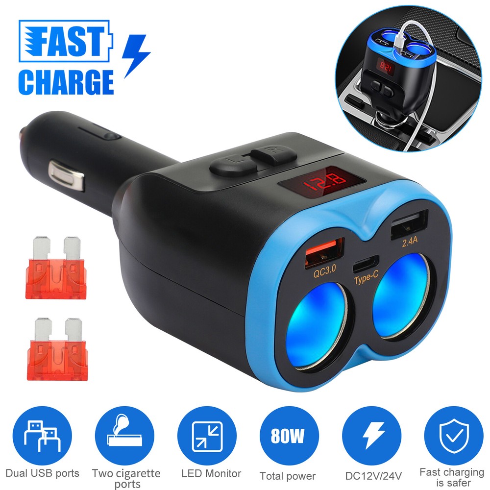 Dual USB Charger Power Adapter Car LCD Cigarette Lighter Socket Splitter DC 12V