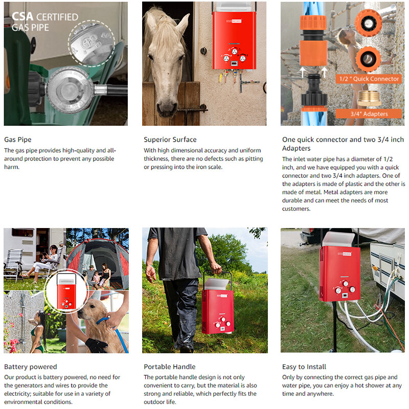 Portable 1.6GMP 6L Propane Gas Tankless Water Heater Digital Display RV Camping