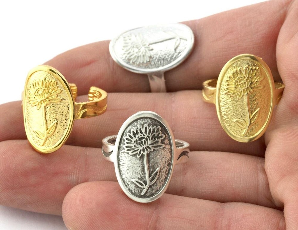 Birth Monthly Flower(November Chrysanthemum)Adjustable Ring Raw Solid Brass 5322